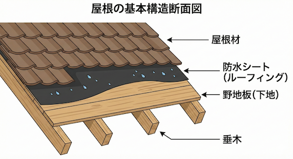 屋根の内部構造を示す断面図のイラストです。一番上の「屋根材」の下に、「防水シート（ルーフィング）」があり、その下に「野地板（下地）」、これらを支える「垂木」という層構造になっています。防水シート上で雨水が防がれている様子が描かれており、最終的な防水ラインとしての重要性を解説しています。