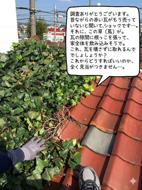 【木津川市】廃盤の赤い瓦（塩焼き瓦）と蔦（ツタ）の悩み…全面張り替え（葺き替え）で雨漏り解決！