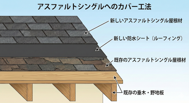 既存の屋根の上に新しい防水シートと屋根材を被せるカバー工法の仕組み・断面図