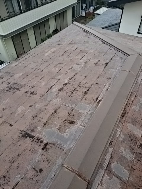 屋根の谷部周辺：雨水が集中するため特に劣化が激しいスレート材の表面