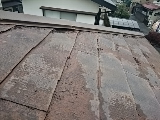 屋根の谷部周辺：雨水が集中するため特に劣化が激しいスレート材の表面