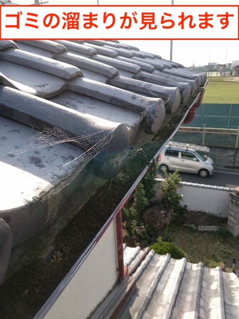 大山崎町の現場。土や落ち葉、苔が堆積して詰まっている雨樋（軒樋）。「ゴミの溜まりが見られます」という注釈付きの調査画像。