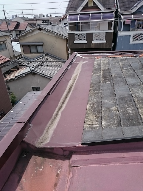 宇治市の現場で見つかった谷板金の排水不良。ゴミが溜まりサビが進行している様子。