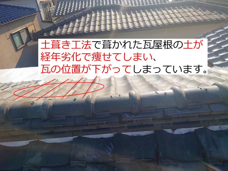 京都府宇治市で雨漏り無料点検葺き土が劣化して屋根瓦が沈下