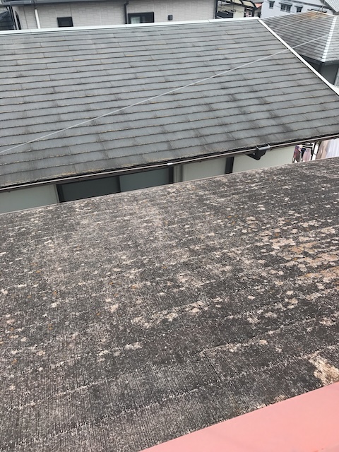 木津川市で屋根点検を実施、屋根の汚れと広範囲な変色を確認した屋根調査