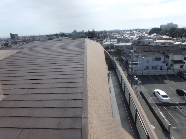 長岡京市でマンション屋根点検を実施、集合住宅のカラーベスト劣化と雨染みを確認した屋根調査