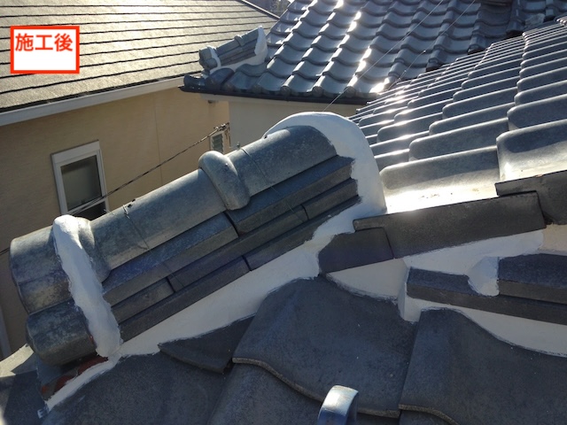 宇治市での施工後：新しく白い漆喰を詰め直し強固に固定